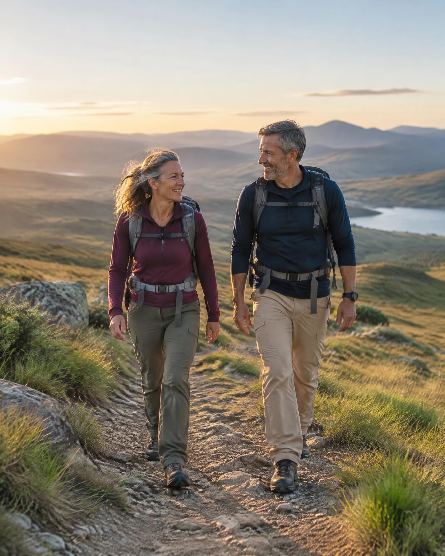 Midlife couple hiking together through open hills at sunrise