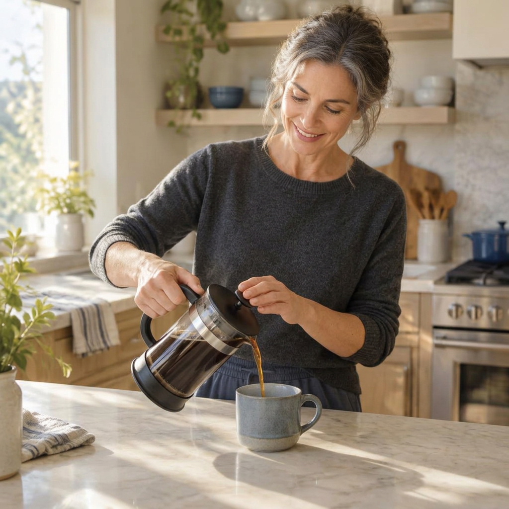A midlife woman pouring coffee from a French press in a sunlit kitchen at dawn