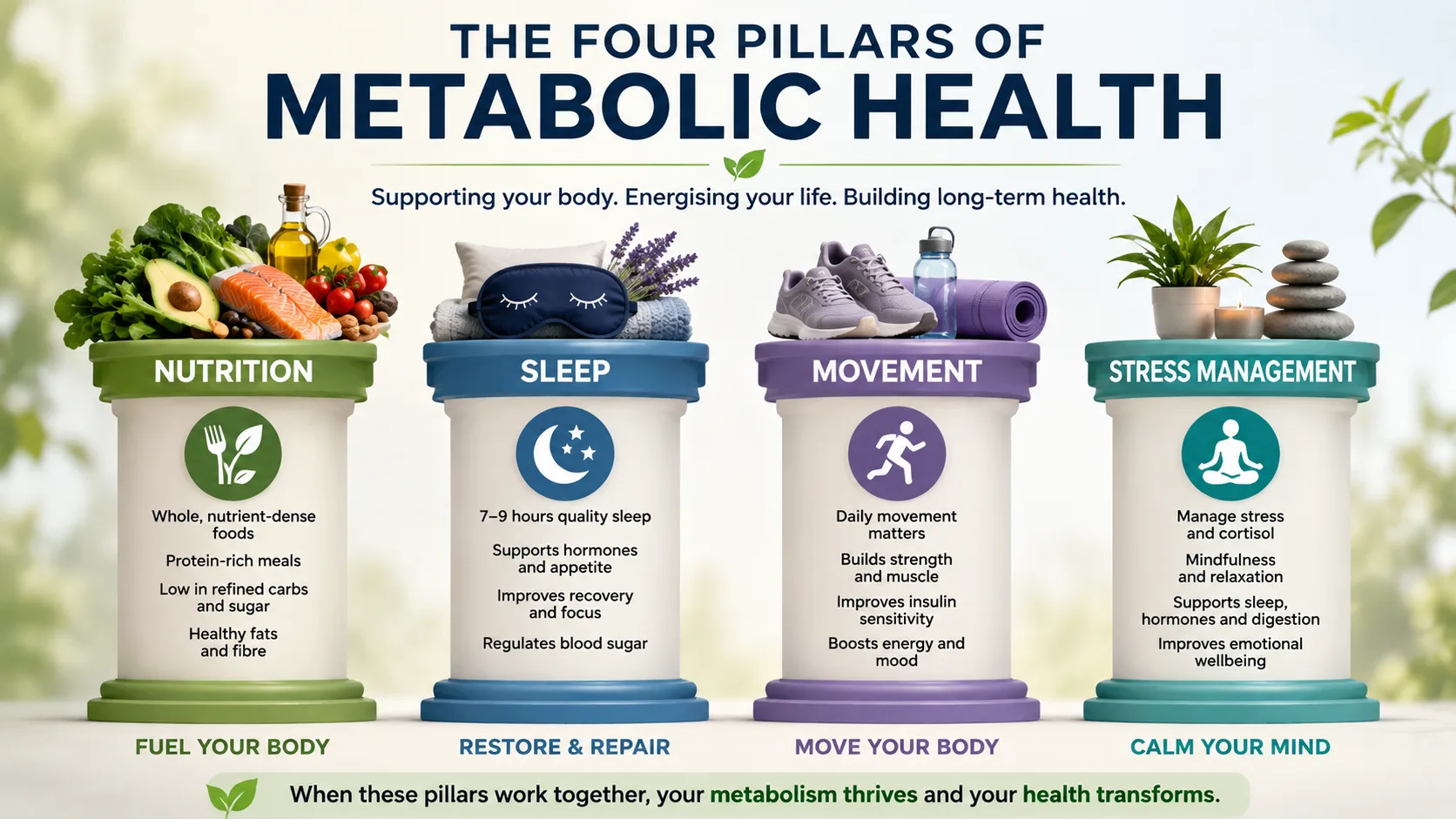 Visual graphic showing nutrition, sleep, movement, and stress management as pillars of metabolic health.
