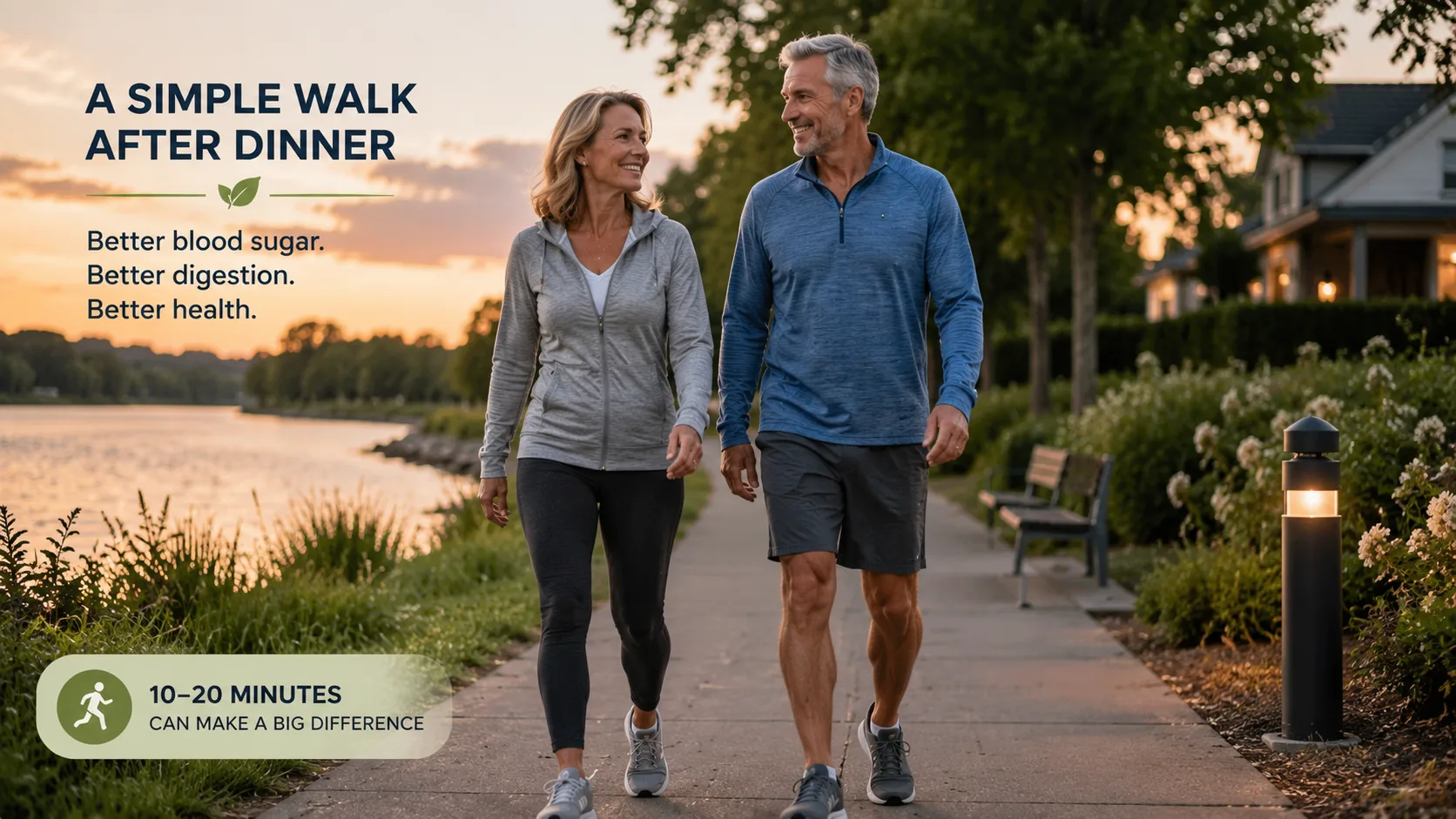 Midlife couple walking after dinner to improve metabolic health and blood sugar balance.