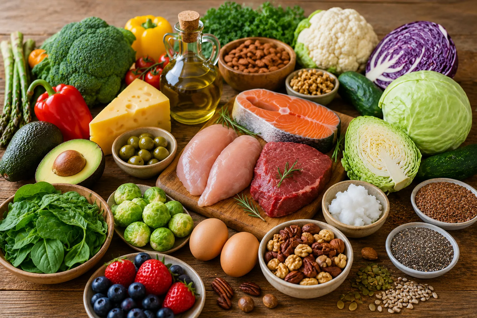 Table stocked with whole foods including eggs, vegetables, olive oil, meats, and fermented foods.